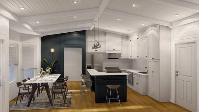 Rendering of a dining area beside a kitchen with dark green cabinetry