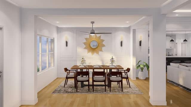 Rendering of a dining room with a wood table and a sunburst mirror