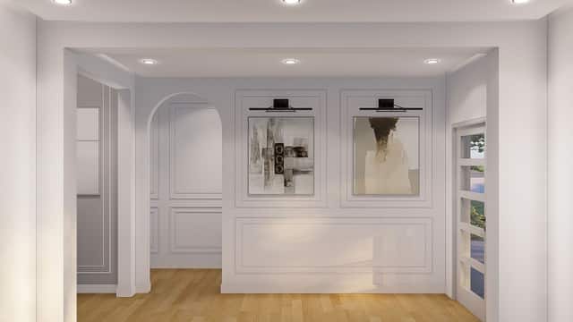 Rendering of a paneled entry hall with built in shelving