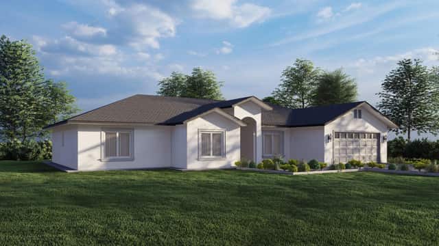 Rendering of the front elevation of a single story farmhouse style home plan