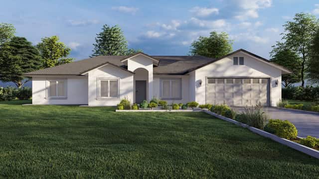 Rendering of a farmhouse style home plan seen from the driveway side