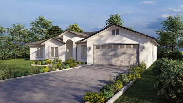 Rendering of a home plan front elevation with a paver driveway and an attached garage