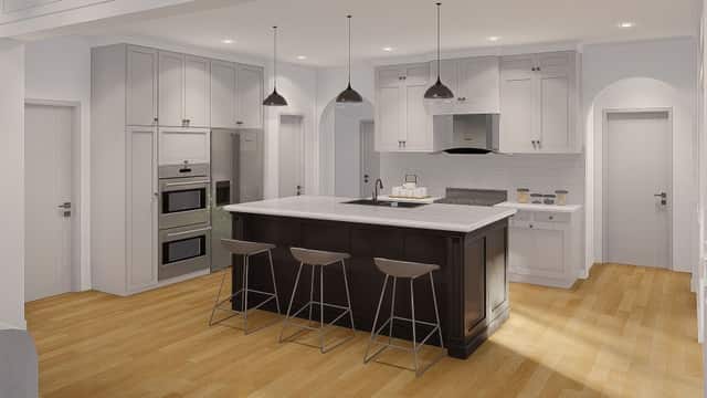 Rendering of a custom home kitchen with a dark two tone island and pendant lighting