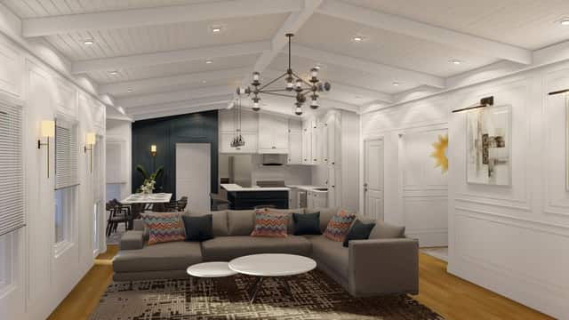 Rendering of a living room with a chandelier, looking toward the kitchen