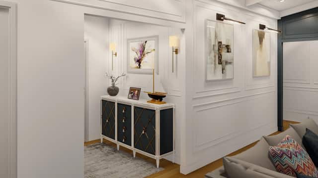 Rendering of a living room corner with a console table and wall sconces