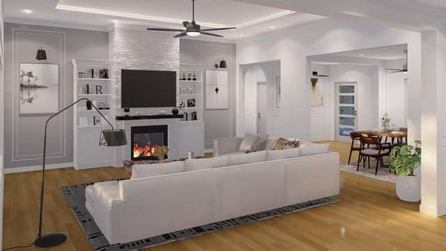 Rendering of a living room with a fireplace, a wall mounted television, and a white sectional