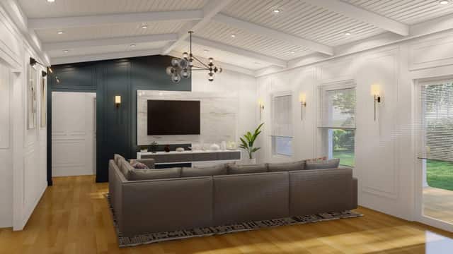 Rendering of a living room with a dark green accent wall and a vaulted ceiling