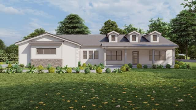 Rendering of a single story model home plan with dormer windows, seen from the driveway approach