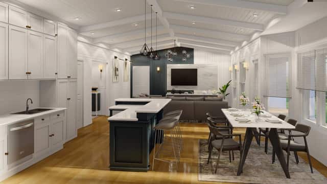 Rendering of an open kitchen and dining area with a dark island