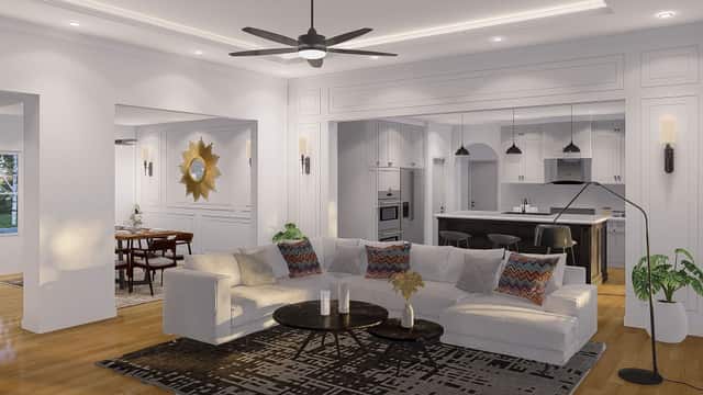 Rendering of an open living room looking through to the kitchen