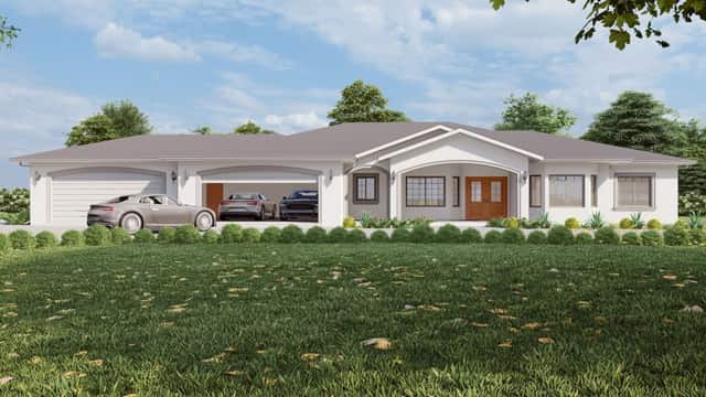 Rendering of a home plan front elevation with a car parked in the driveway