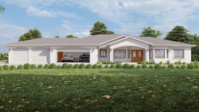 Rendering of a single story white stucco home plan from the front, with a three car garage, an arched covered entry, and wood double doors
