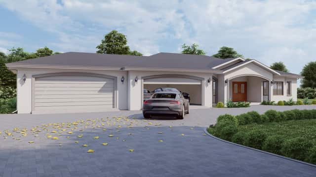 Rendering of a home plan front elevation showing the garage and driveway