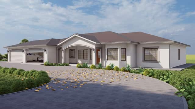 Rendering of a hip roof home plan front elevation with a paver driveway