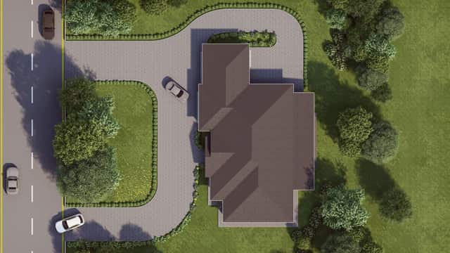 Overhead rendering showing the site layout of a home plan and its driveway