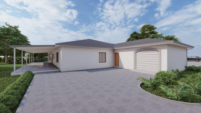 Rendering of a farmhouse style home plan with a paver driveway and a carport