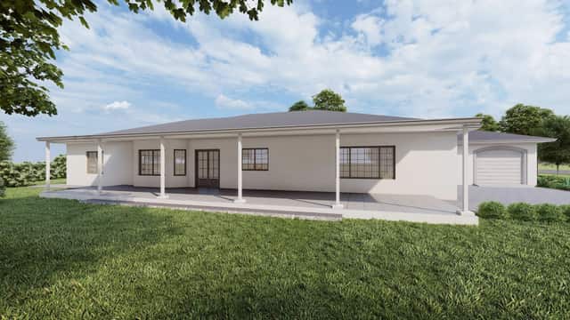 Rendering of a home plan rear elevation with a long covered patio