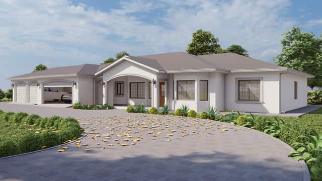 Rendering of a single story stucco home plan seen at an angle, with a three car garage, an arched entry, and a curved paver driveway
