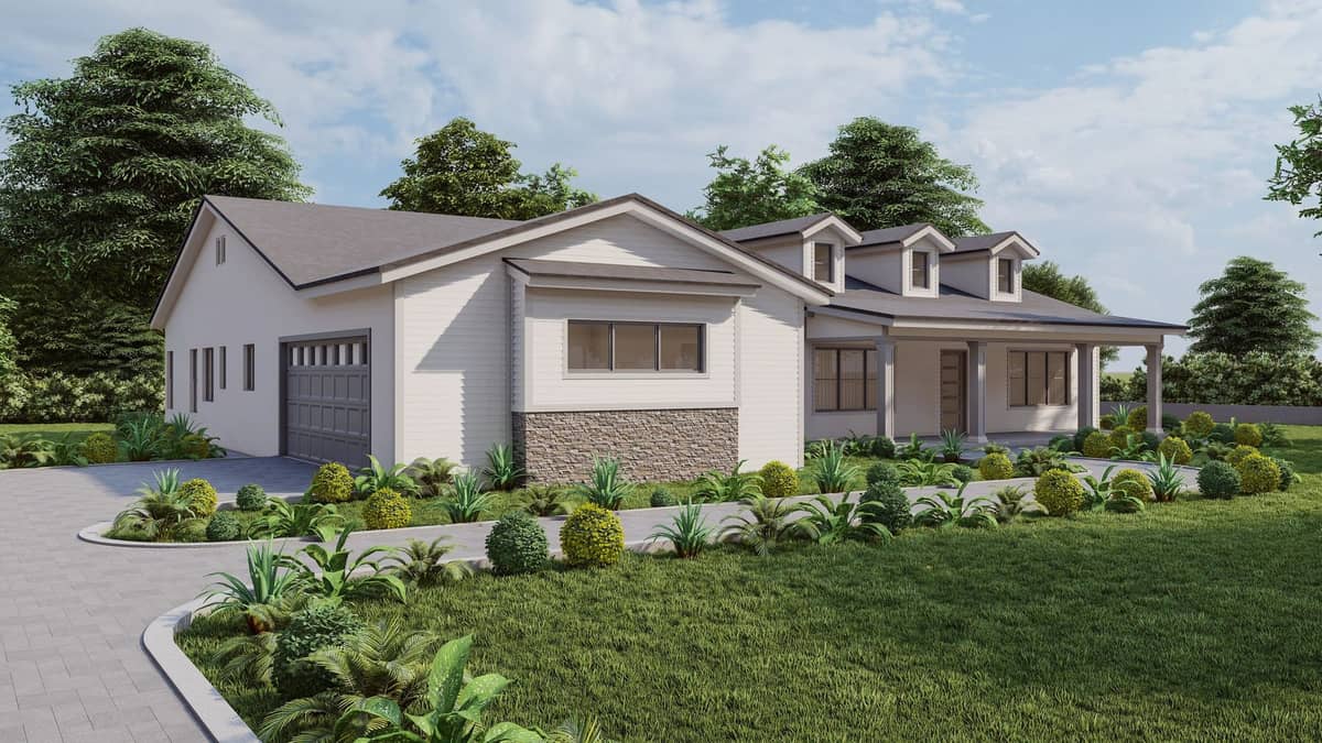 Rendering of a single story model home plan with dormer windows and a stone wainscot, seen from the front lawn