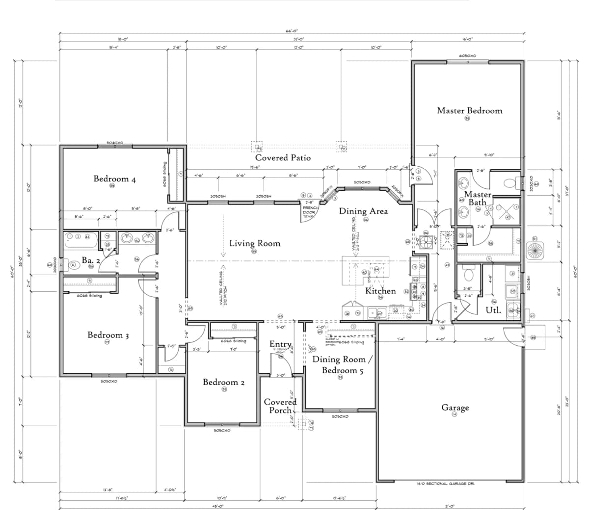 Floor plan of the 2100 home plan showing four bedrooms, a flexible dining room or fifth bedroom, an open kitchen and living room, a garage, a covered porch, and a covered patio